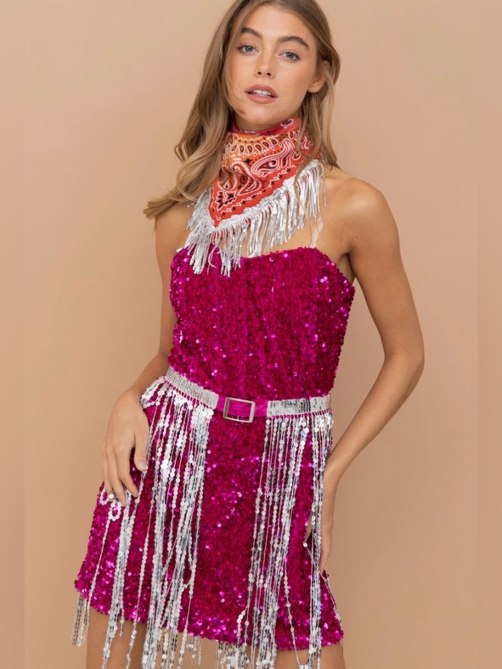 Fuchsia Sequin Strapless Mini Dress with Silver Fringe